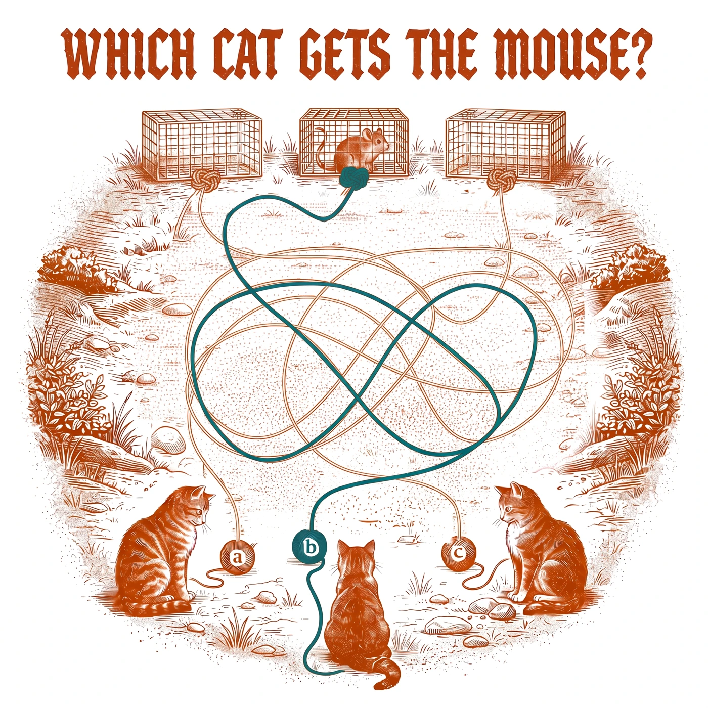 The same Cat and Mouse puzzle with string B highlighted in teal along the owner-verified route to the mouse's cage
