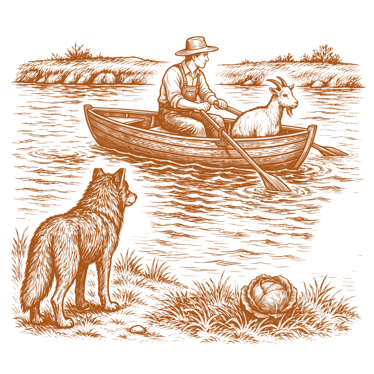 Wolf, Goat and Cabbage logic puzzle t-shirt artwork