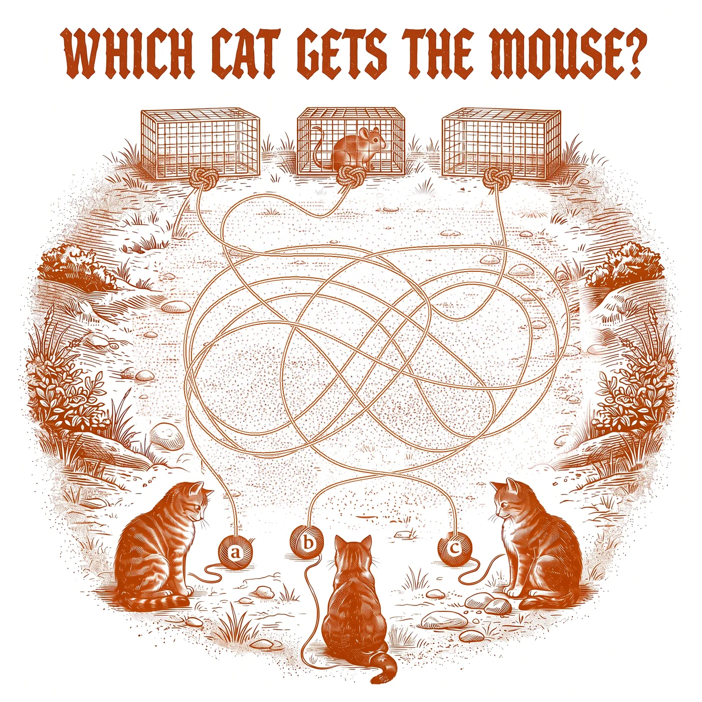 Three cats follow tangled yarn toward three cages — which cat gets the mouse?