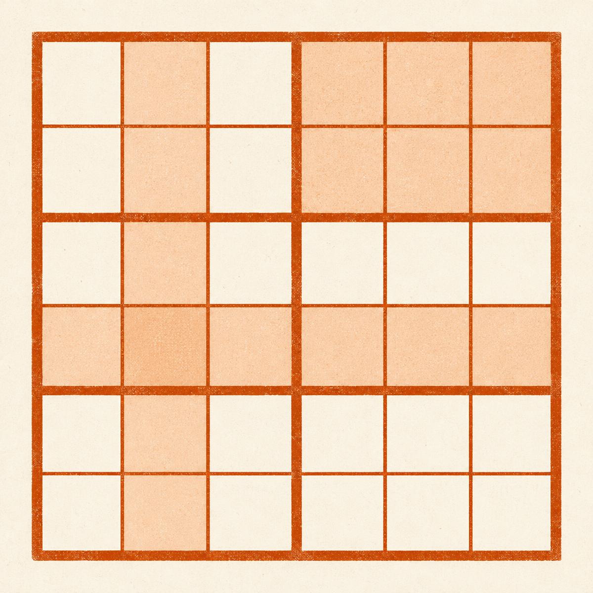 A 6×6 Sudoku grid divided into six 2×3 boxes, with one row, one column and one box shaded