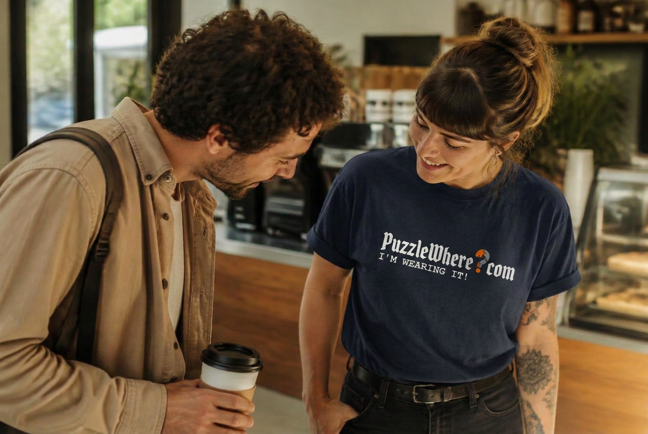 Two people talking about the logic puzzle printed on a t-shirt
