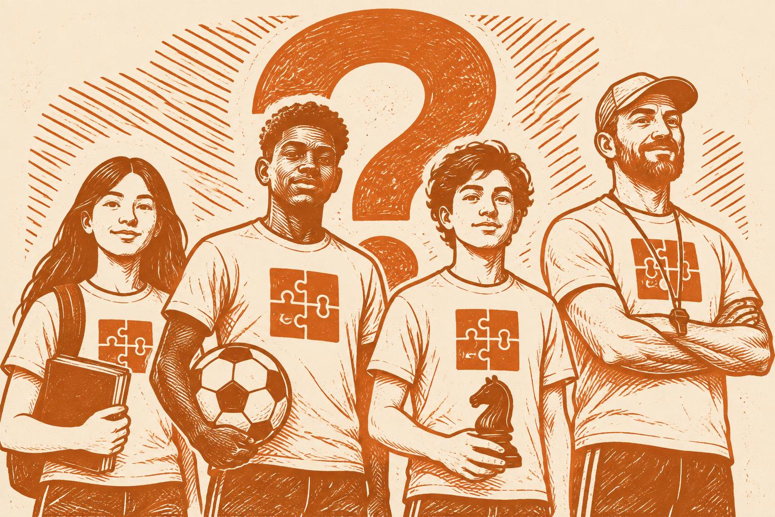 Woodcut illustration of students, athletes, and chess players wearing matching puzzle t-shirts